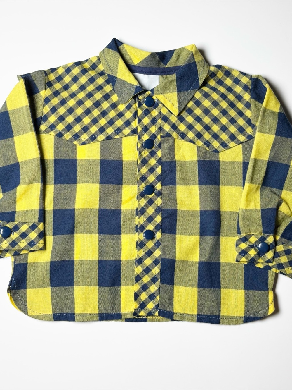 Vintage Retro Toddler Yellow Navy Blue Plaid Western Snap Up Long Sleeve Shirt